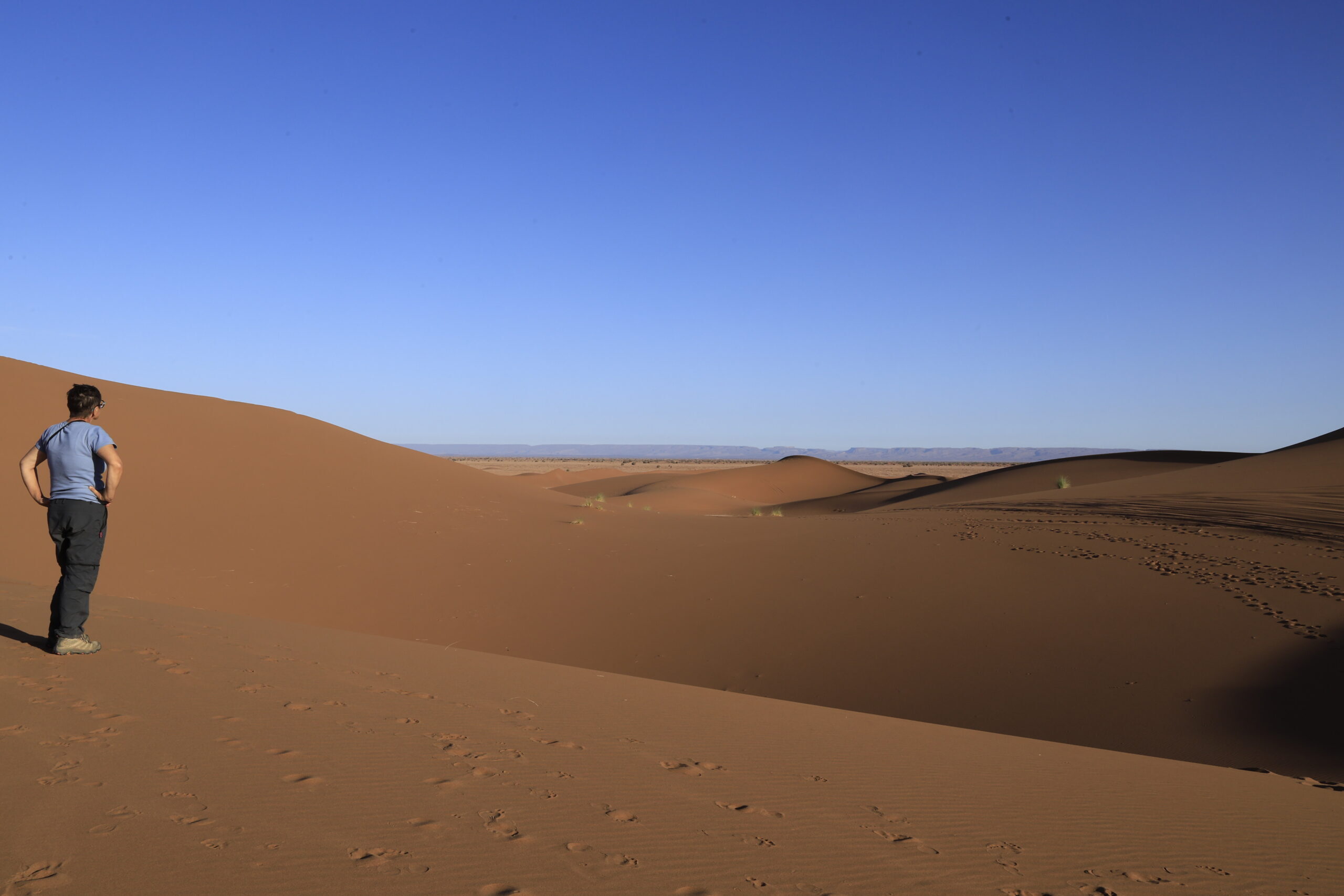 Randonneur au sommet d'une dune, désert du Sahara marocain